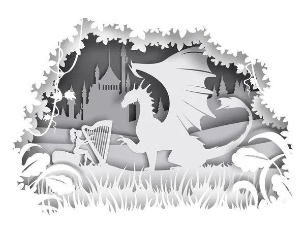 Dragon, fairytale character, vector illustration in paper art style — 스톡 벡터