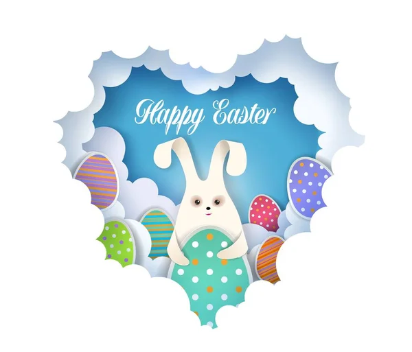 Happy Easter greeting card template, vector illustration in paper art style - Stok Vektor