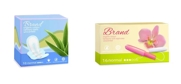 Hygiène féminine tampons hygiéniques boîtes d'emballage, illustration vectorielle — Image vectorielle