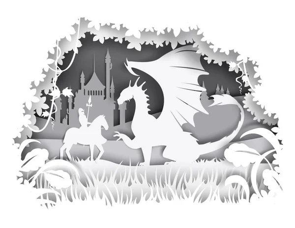 Knight fighting dragon, vector illustration in paper art — 스톡 벡터