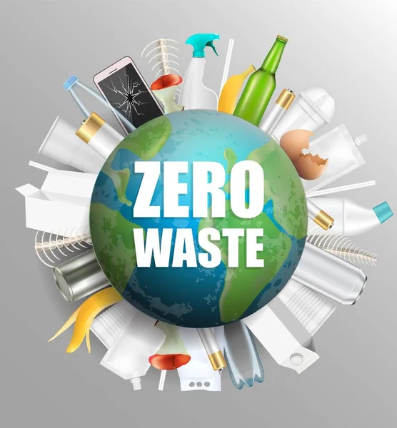 Globus z hasłem Zero odpadów, ilustracja wektora — Wektor stockowy