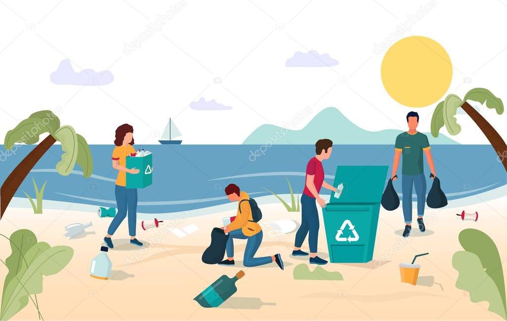 Beach cleaning vector concept for web banner, website page