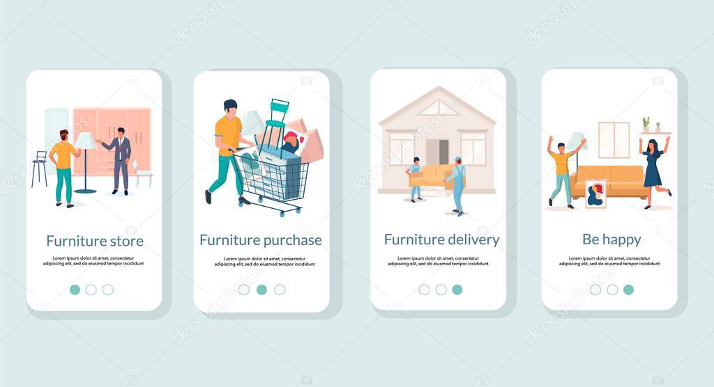 Furniture store mobile app onboarding screens vector template