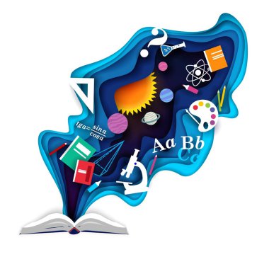 Okul malzemeleriyle açık kitap, vektör kağıdı kesiği illüstrasyonu