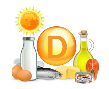 D vitamini güneş ışığı ve yiyecek kaynakları, vektör illüstrasyonu