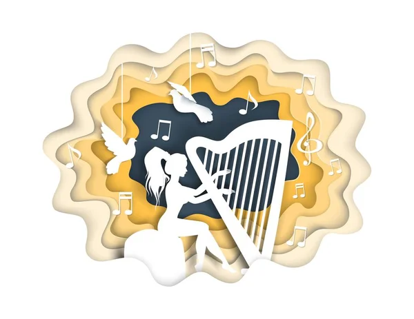 Meisje spelen harp, vector illustratie in papier kunst stijl — Stockvector