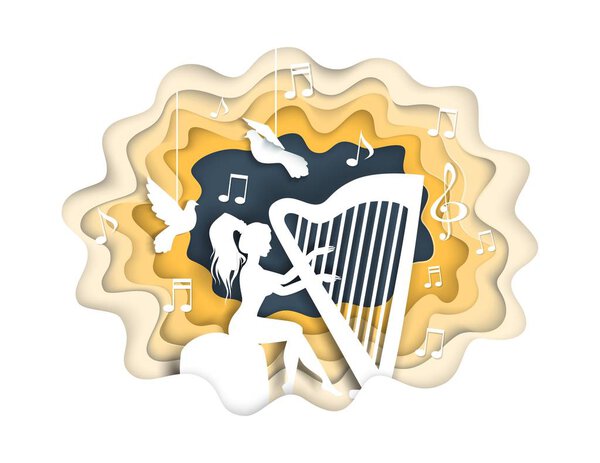 Girl playing harp, vector illustration in paper art style