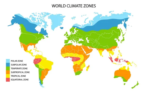 Mapa světových klimatických zón, vektorová geografická informatika — Stockový vektor