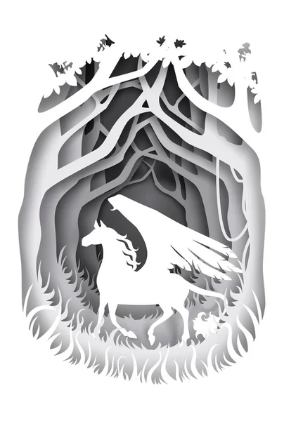 Mythical Pegasus in forest, vector illustration in paper art style — Stock Vector