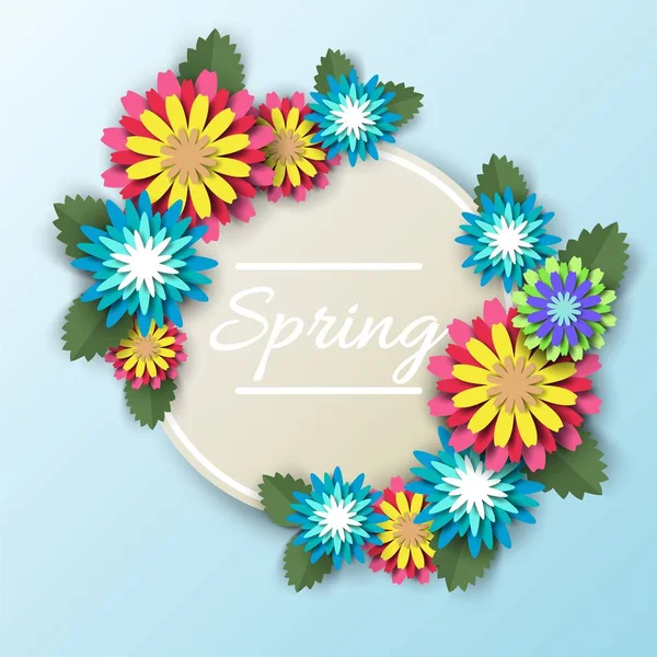 Spring floral round frame, vector paper cut illustration — Stock Vector