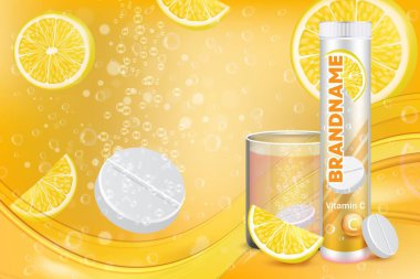 Effervescent vitamin C tablets advertising vector poster template