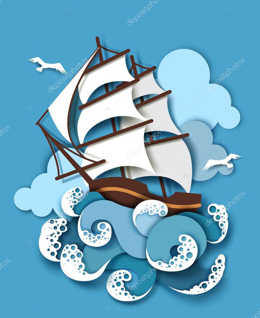 Sailboat and raging sea, vector illustration in paper art style