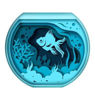 Aquarium with pet fish, vector illustration in paper art style