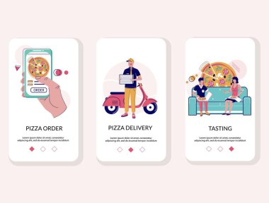 Pizza online mobile app onboarding screens vector template