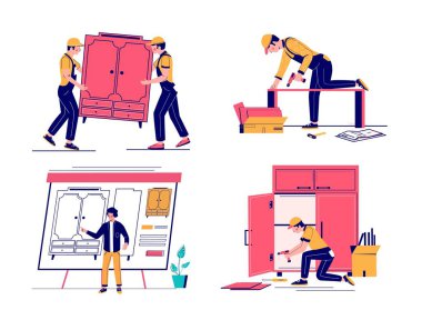 Furniture design, delivery, assembly set, vector flat illustration