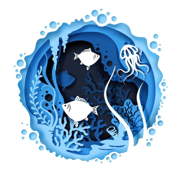 Underwater world, vector illustration in paper art style — Διανυσματικό Αρχείο