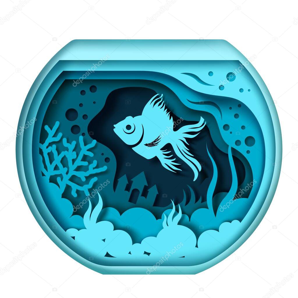 Vector layered paper cut style glass aquarium with underwater plants, exotic fish and stones. Home fishbowl with beautiful marine pet fish in paper art craft style.
