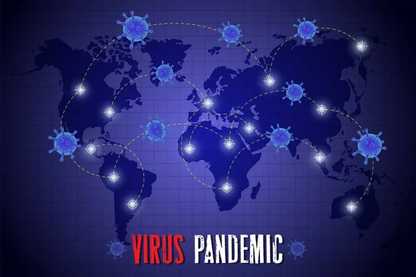 Epidemia de vírus 2020 espalhando o cartaz do vetor mundial. Coronavírus prevenção de doenças respiratórias, pânico e consciência. Corona vírus patógeno germe fundo. Modelo de banner médico . —  Vetores de Stock