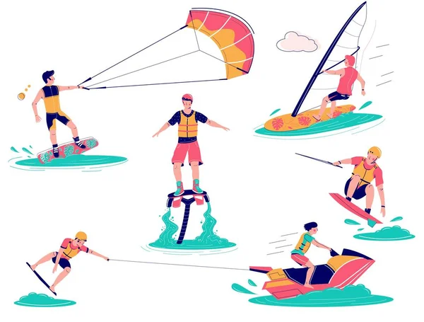 Conjunto de esportes aquáticos extremos, ilustração isolada plana vetorial — Vetor de Stock