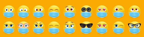 Corona virüsü yüz maskesi emoji seti, vektör izole çizimi — Stok Vektör