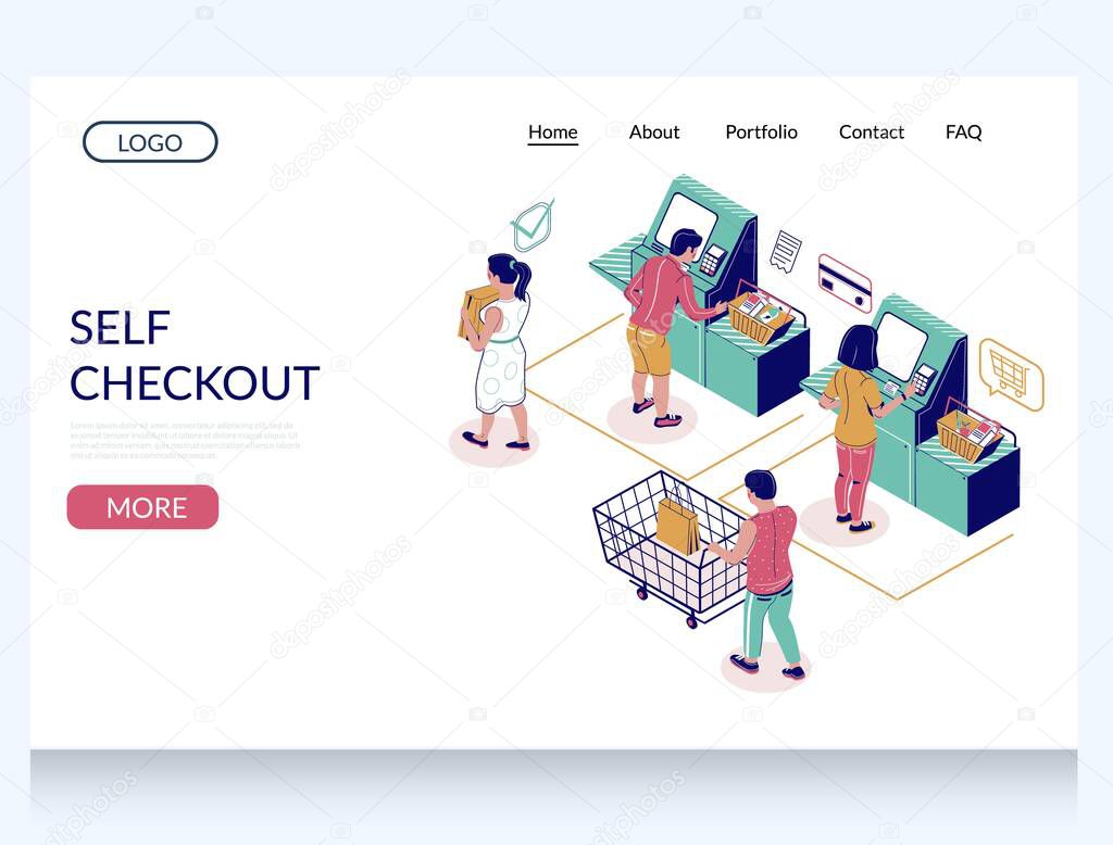 Self checkout vector website template, landing page design for website and mobile site development. Isometric self service checkout at store and customers making purchases.