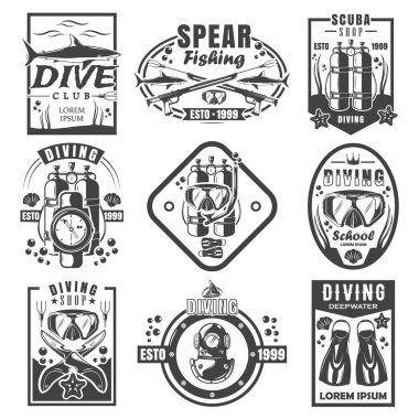 Tüplü dalış ve zıpkınla balık tutma klasik logo seti, vektör monokrom illüstrasyonu