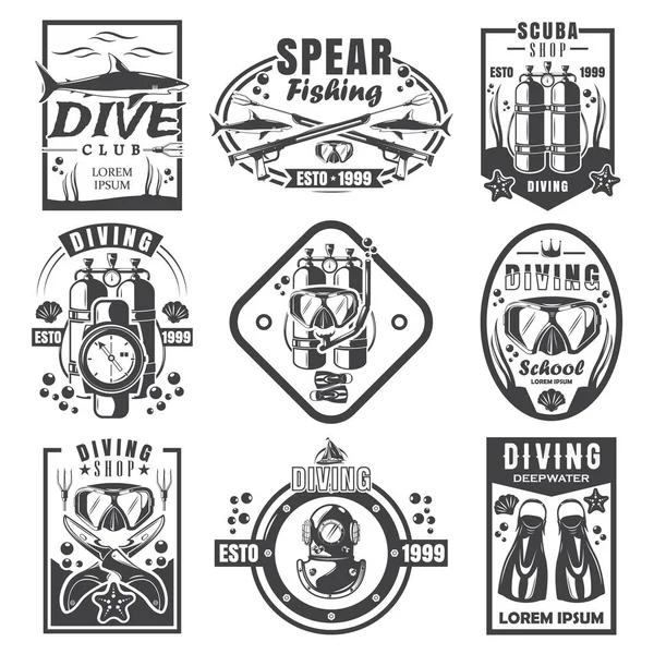 Mergulho e spearfishing conjunto logotipo do vintage, vetor monocromático ilustração —  Vetores de Stock