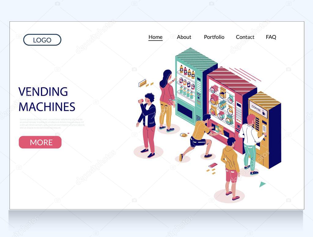 Vending machines vector website template, landing page design for website and mobile site development. Isometric automatic vending machine set and characters buying coffee, snacks and soft drinks.