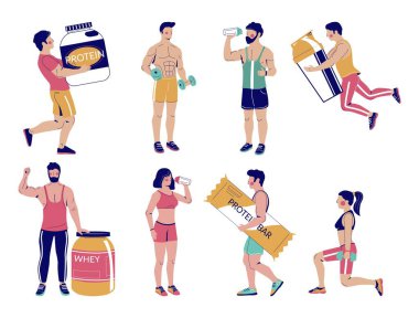 Spor besleyici fitness insanları, vektör düz izole illüstrasyon