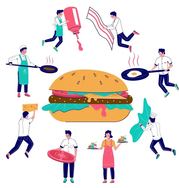 Burger μαγείρεμα, διάνυσμα επίπεδη στυλ εικονογράφηση σχεδιασμού — Διανυσματικό Αρχείο