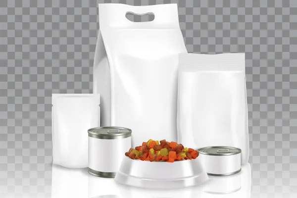Realistický pet food pack maketa up set, vektorové ilustrace — Stockový vektor