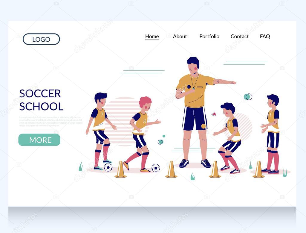 Soccer school vector website template, landing page design for website and mobile site development. Coach teaching children to play soccer game. Football coaching.