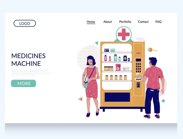 Modello di progettazione della pagina di atterraggio del sito web vettoriale della macchina dei medicinali — Vettoriale Stock