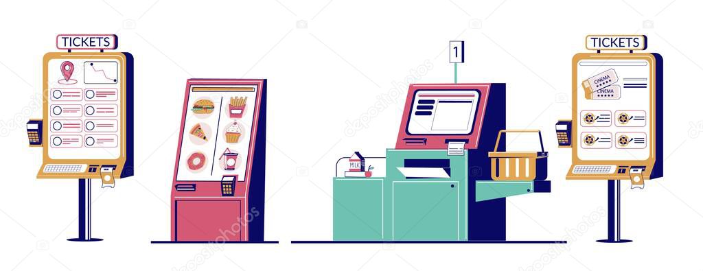 Self ordering kiosk set, vector flat isolated illustration