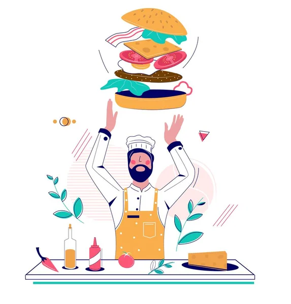 Burger making, vector flat style design illustration — Stock Vector