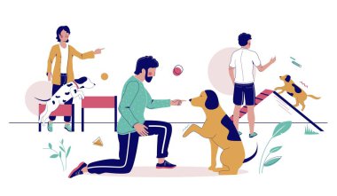 Köpek parkında köpek eğitimi dersleri, vektör düz çizim