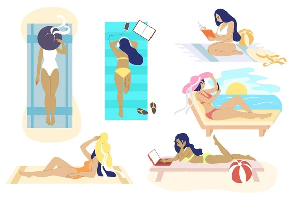 Strand meisjes genieten van zomervakantie, vector platte geïsoleerde illustratie — Stockvector