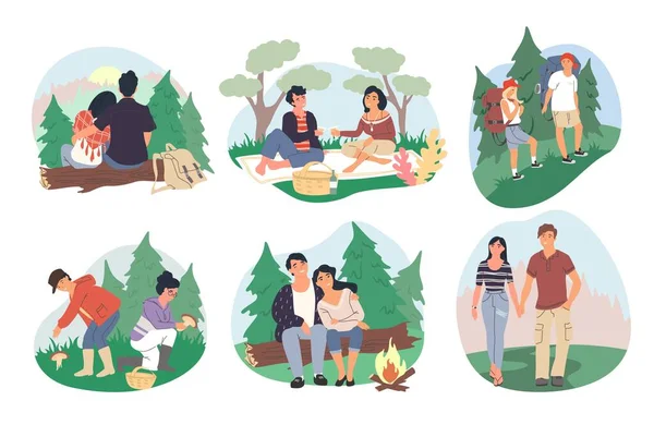Casais felizes acampar na floresta, vetor plana ilustração isolada —  Vetores de Stock