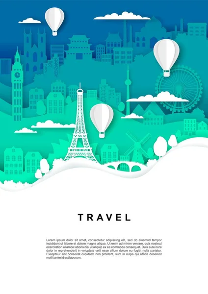 Ταξιδιωτική αφίσα, πρότυπο πανό, διανυσματική απεικόνιση σε χαρτί τέχνης στυλ — Διανυσματικό Αρχείο