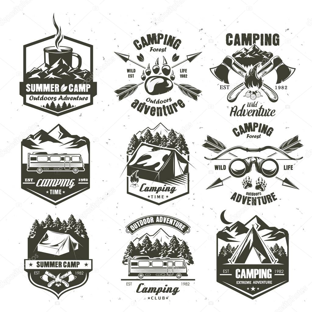 Camping vintage logo set, vector monochrome illustration