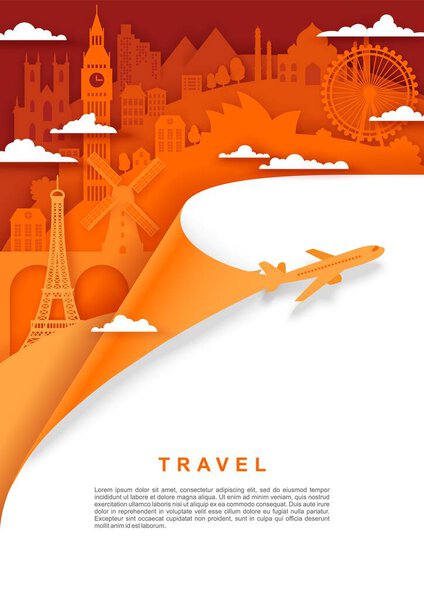 Travel poster, banner template, vector illustration in paper art style