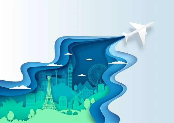 Koncepcja podróży lotniczej wektor warstwowy papier cut styl ilustracji — Wektor stockowy