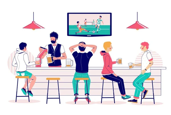 Cerveja pub visitantes assistindo jogo de futebol na tv, vetor de ilustração plana — Vetor de Stock