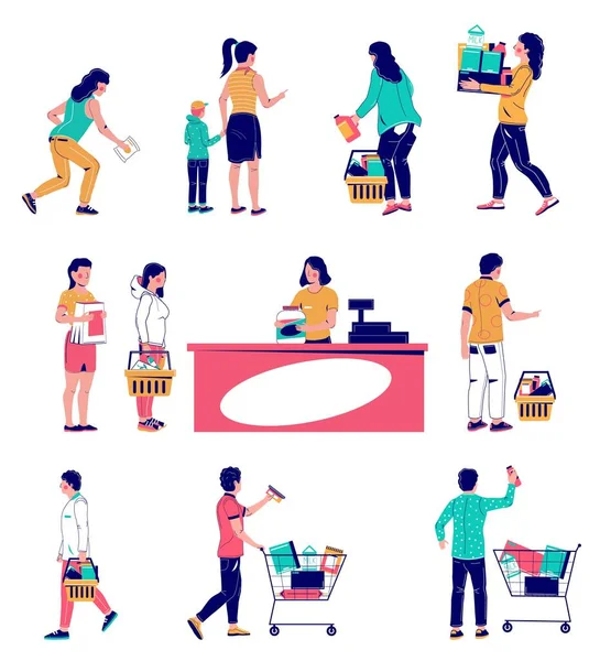 Conjunto de clientes de supermercados, ilustración aislada plana vectorial — Archivo Imágenes Vectoriales