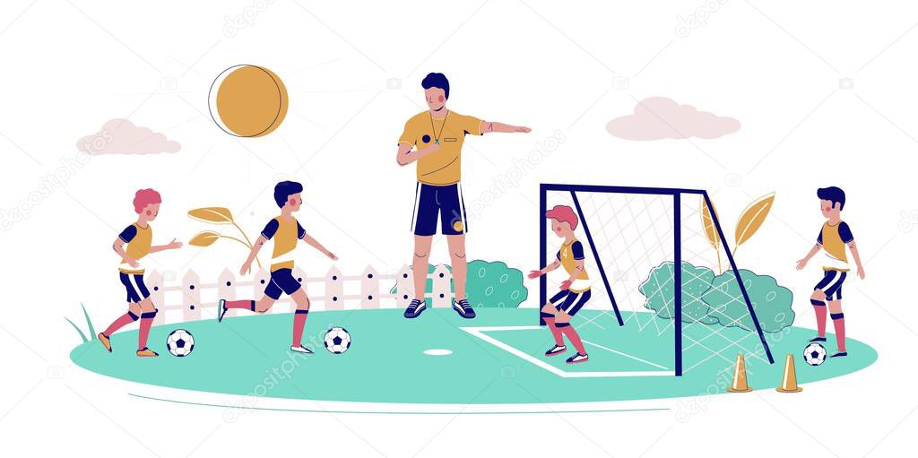 Kids soccer school, vector flat illustration. Coach teaching children to play soccer game on field. Football coaching, children soccer training.
