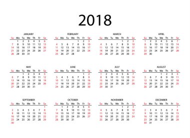 2018 takvim, vektör çizim