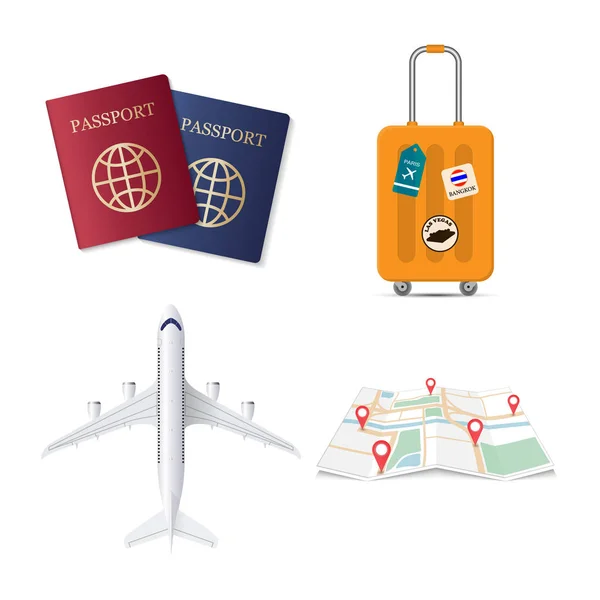 Éléments de voyage, passeport, valise de voyage, avion et carte avec broche rouge, illustration vectorielle — Image vectorielle