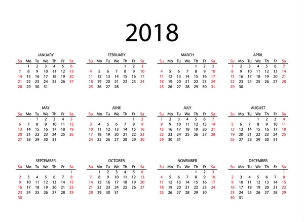 Il calendario 2018, illustrazione vettoriale — Vettoriale Stock