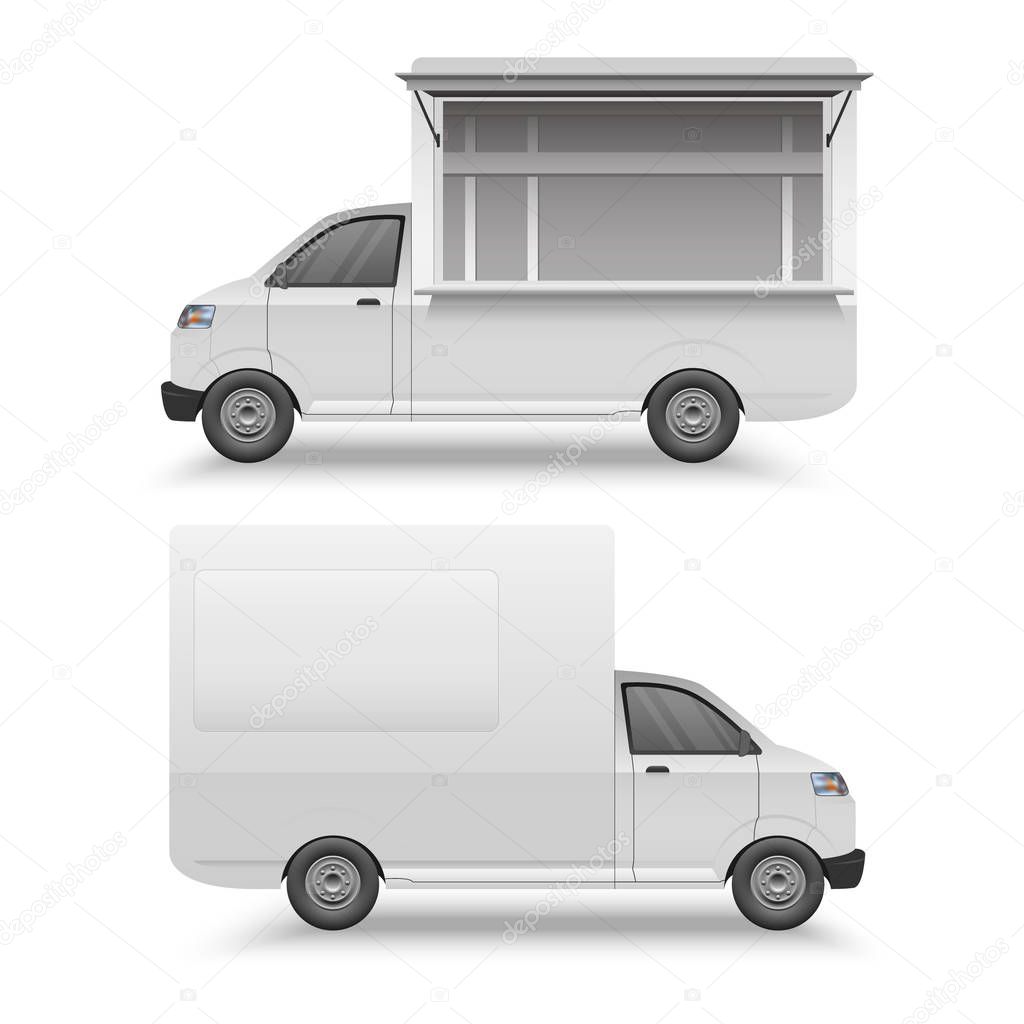 White food truck mock up template, fast food van, vector illustration