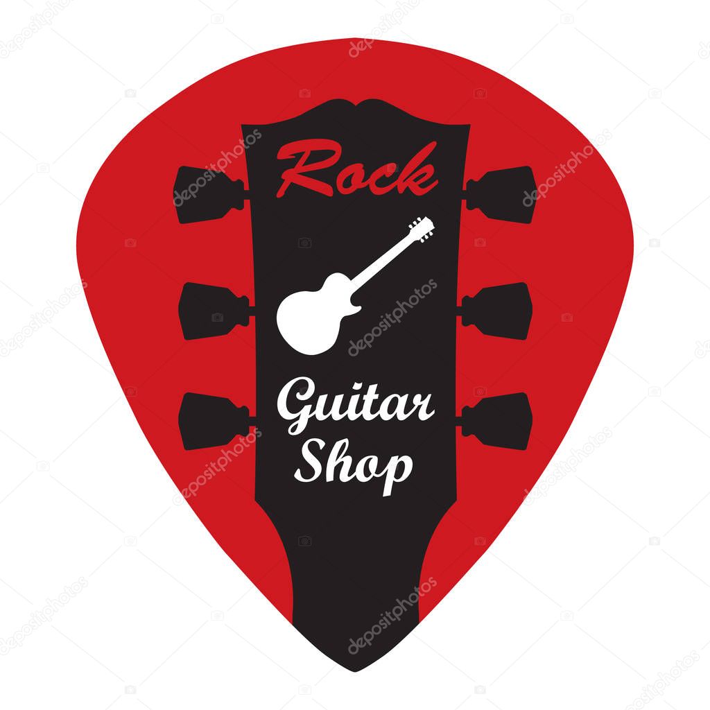 Guitar headstock in guitar pick with rock guitar shop sign,